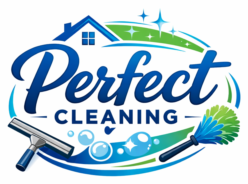 A logo for "Perfect Cleaning" featuring a house icon, a squeegee, and a duster with bubbles on a white background.