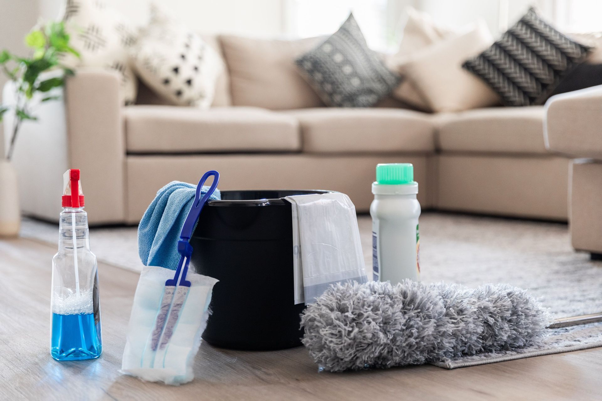 Cleaning supplies, including a blue spray bottle, bucket, rags, and a duster, sit on a living room floor.
