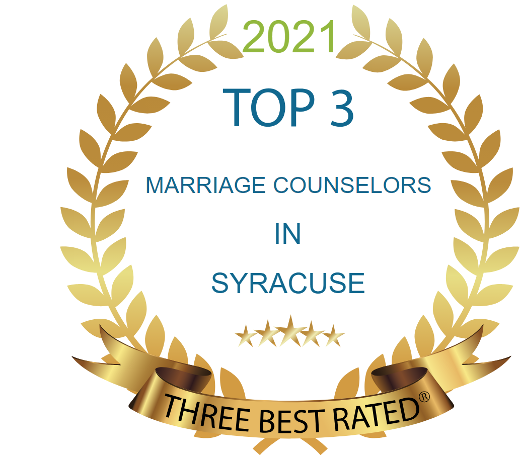 A gold laurel wreath with the words top 3 marriage counselors in syracuse