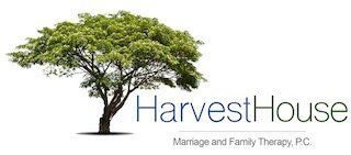 The logo for harvest house marriage and family therapy p.c. has a tree on it.