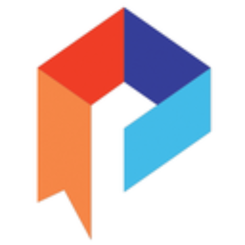 Abstract logo: orange, red, blue, and light blue angular shapes form a letter P.