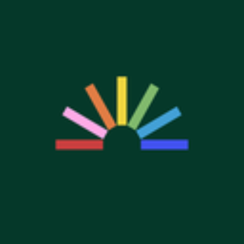 Colorful stylized sunburst on a dark green background.