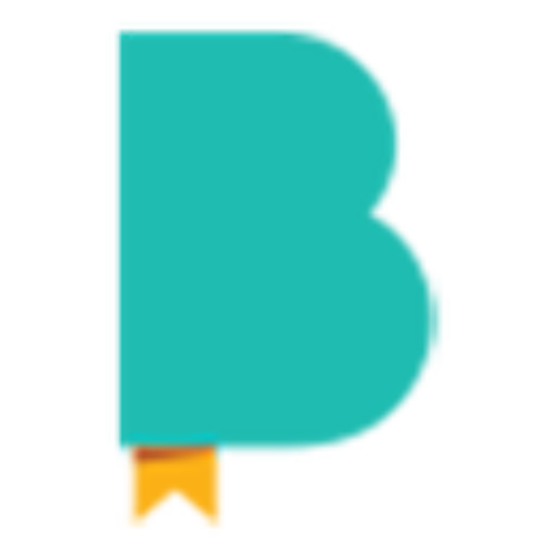Teal book with orange bookmark, stylized as the letter