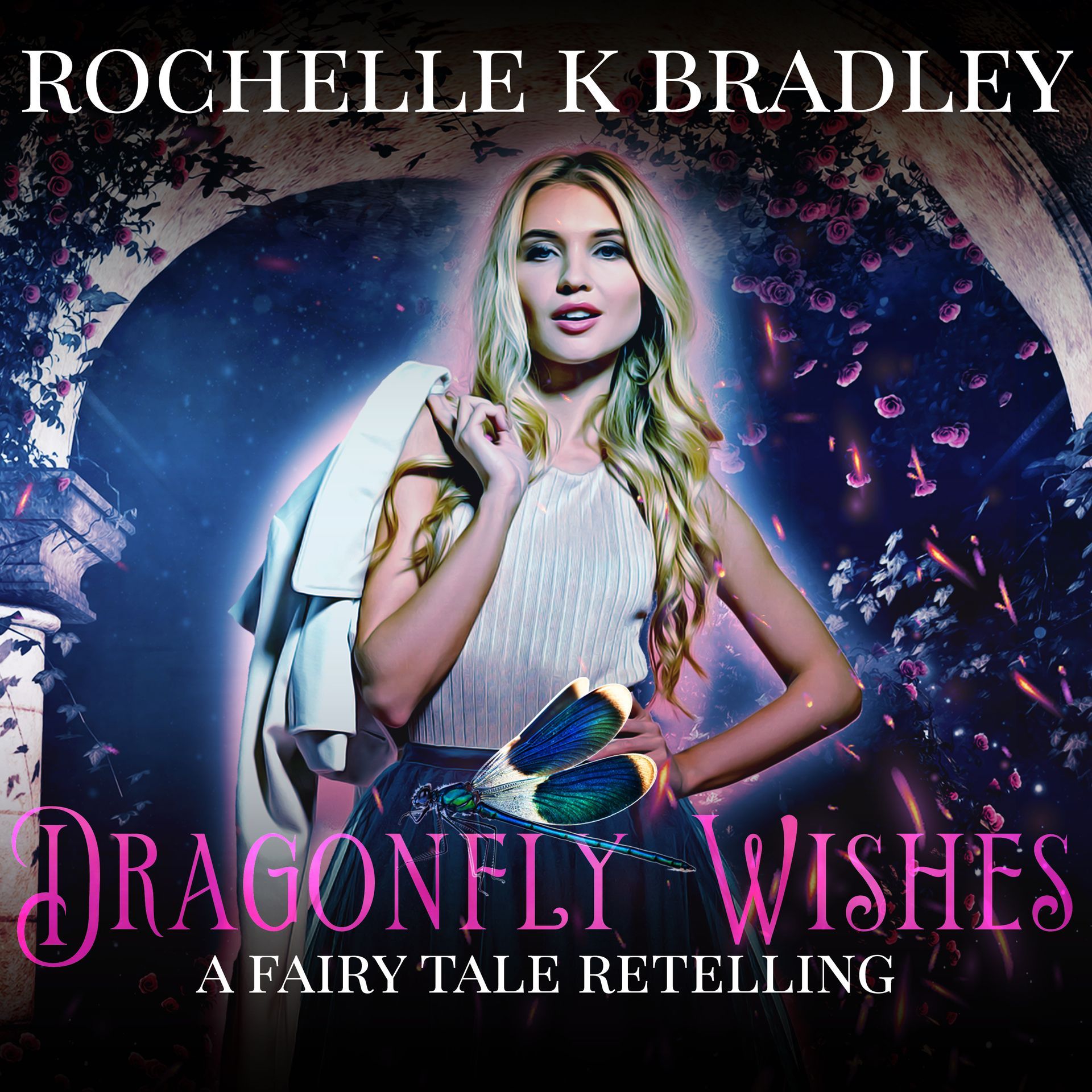 Blonde woman in a gown, fairy tale setting, with text: Dragonfly Wishes.