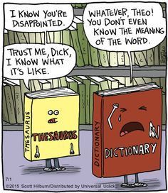A Thesaurus book comforts a crying Dictionary book. The Dictionary is red and sad, while the Thesaurus is yellow and concerned, set in a library.