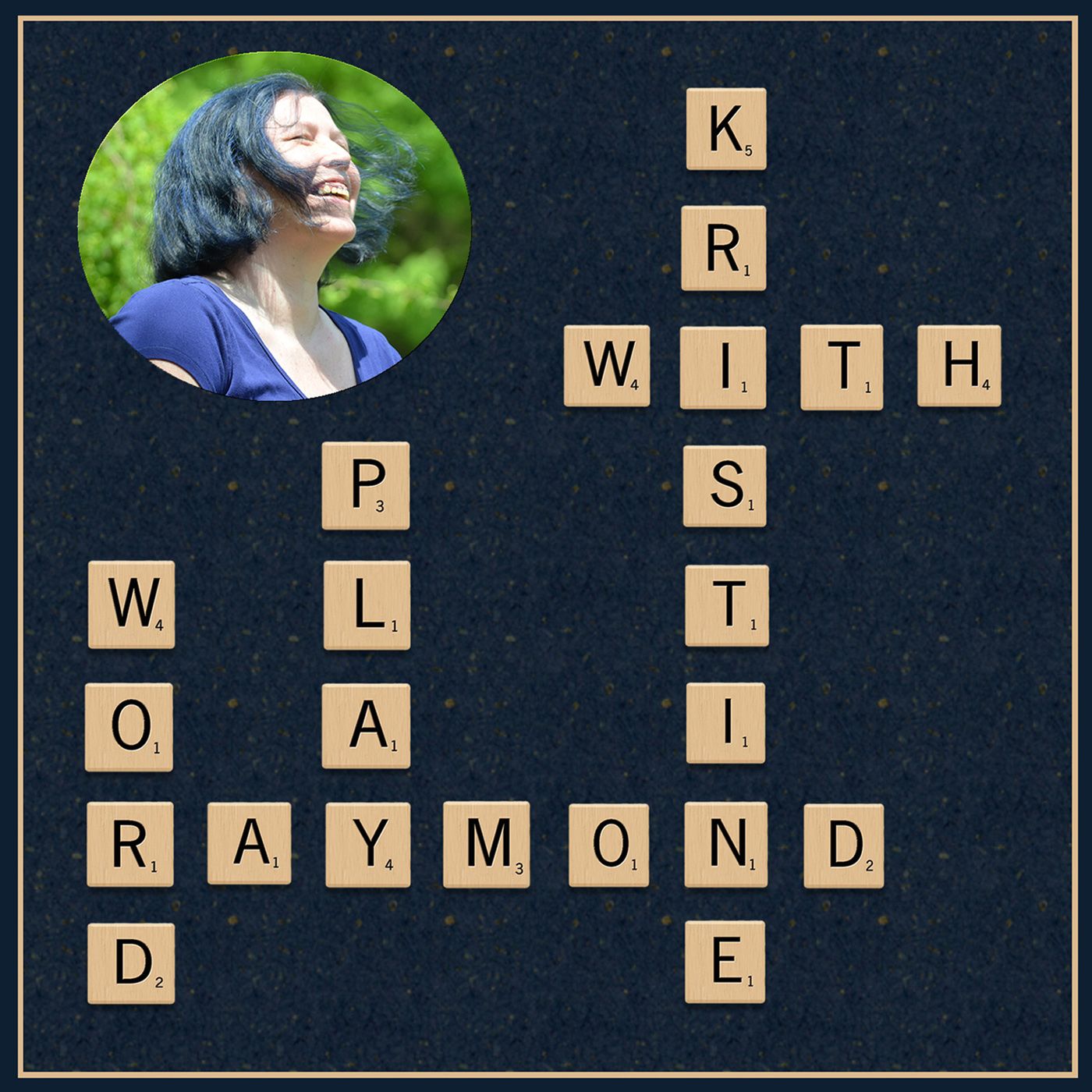 Woman with a Scrabble board featuring her name 