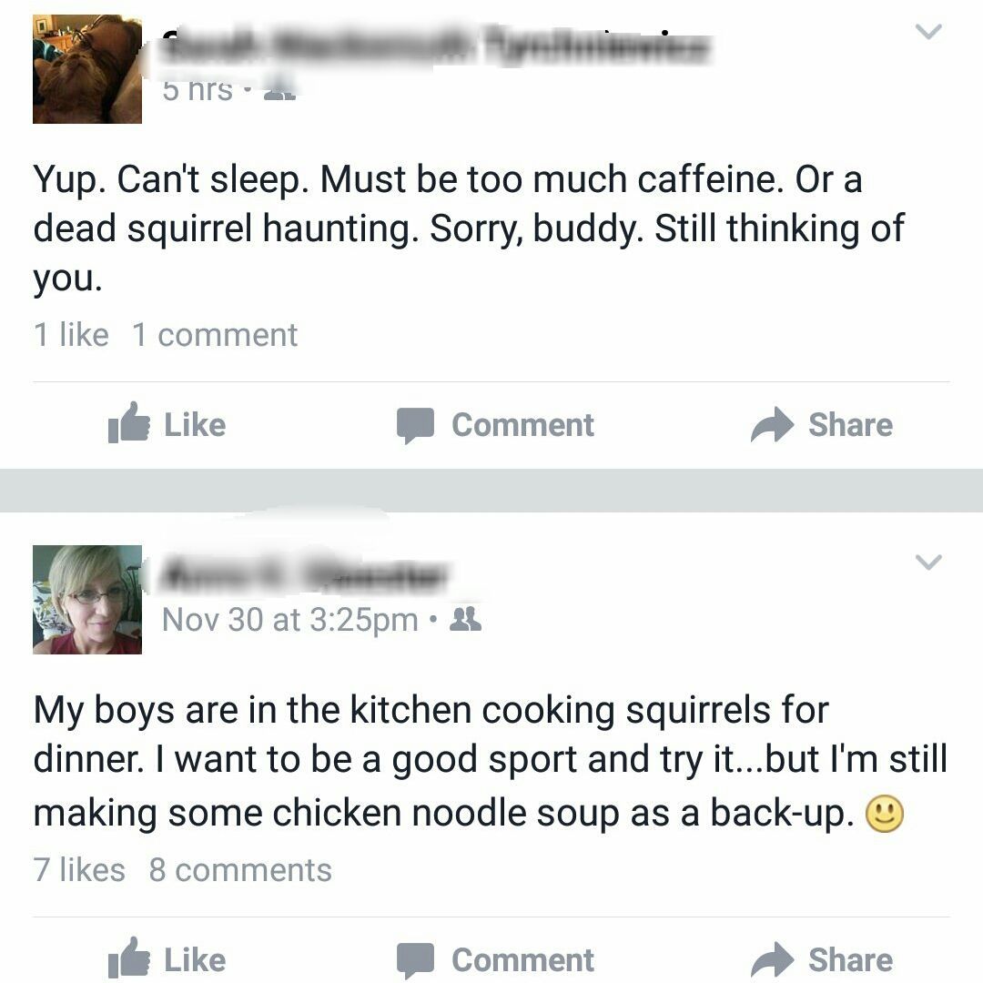 Two Facebook posts: One about insomnia and a dead squirrel, the other about cooking squirrel for dinner with chicken noodle soup as a backup.