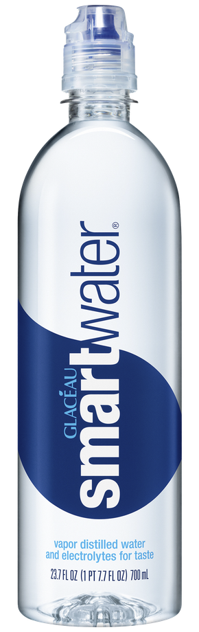 A bottle of smart water with a blue label