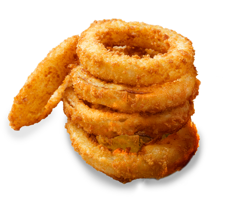 A stack of onion rings on a white background
