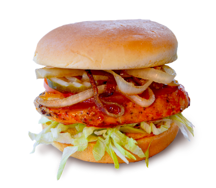 A hamburger with lettuce and onions on a bun