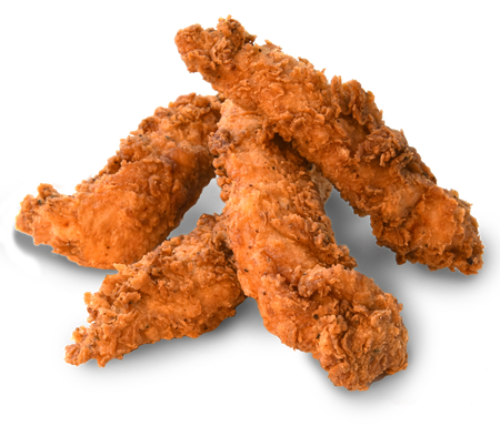 Four fried chicken strips are stacked on top of each other