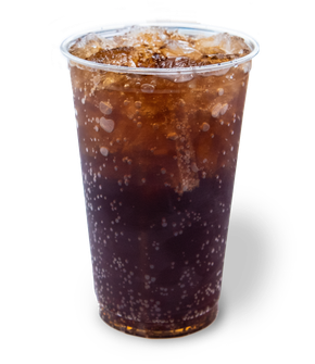 A cup of soda with ice in it on a white background
