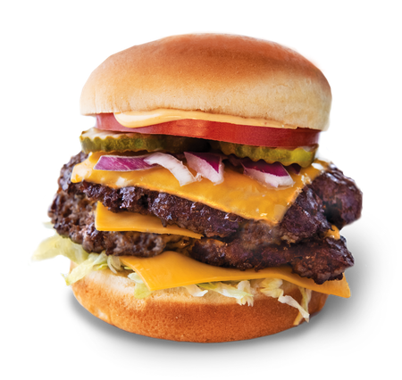 A double cheeseburger with lettuce tomato pickles and onions