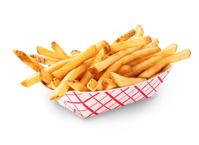 A red and white basket filled with french fries on a white background.