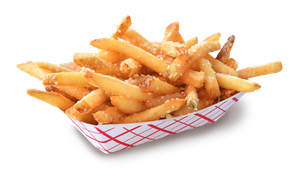 A basket of french fries on a white background