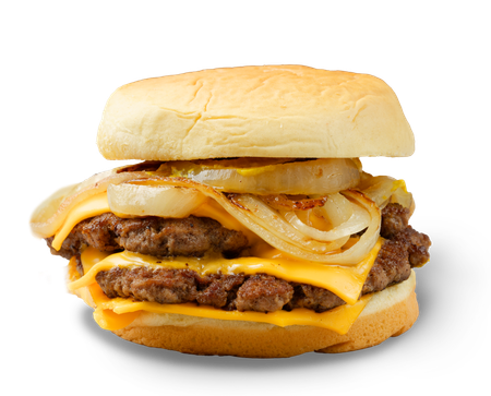 A double cheeseburger with onions on a bun on a white background