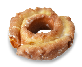 A close up of a glazed donut on a white background