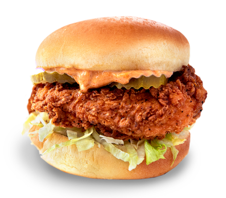 A fried chicken sandwich with lettuce and pickles on a bun