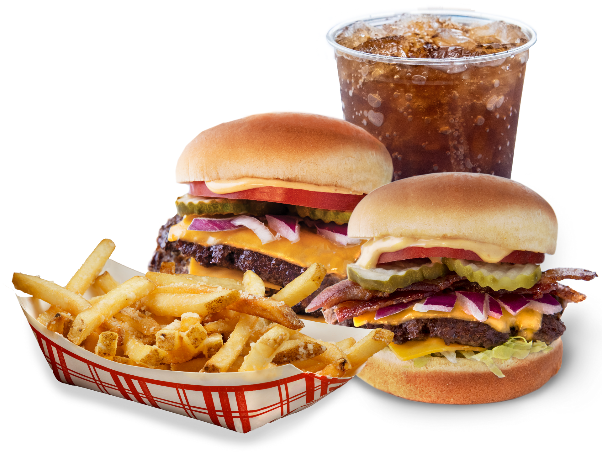 Two hamburgers and french fries next to a cup of soda