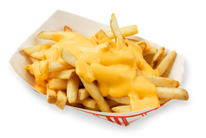 A paper container filled with french fries and cheese on a white background.