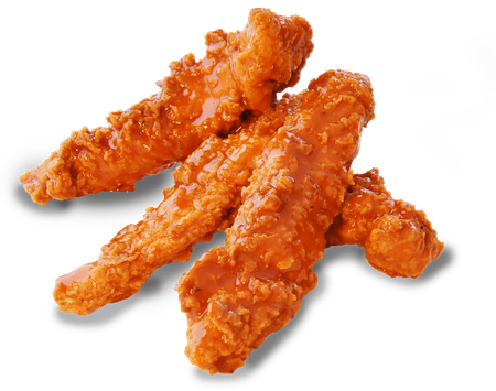 Fried chicken strips with sauce on a white background