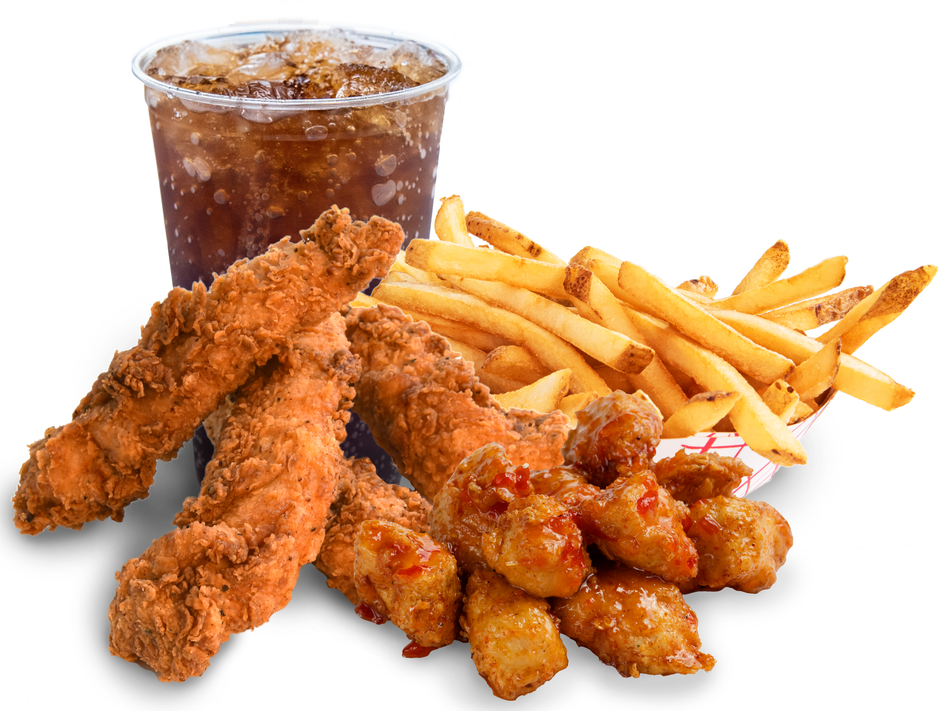 Fried chicken , french fries and a cup of soda