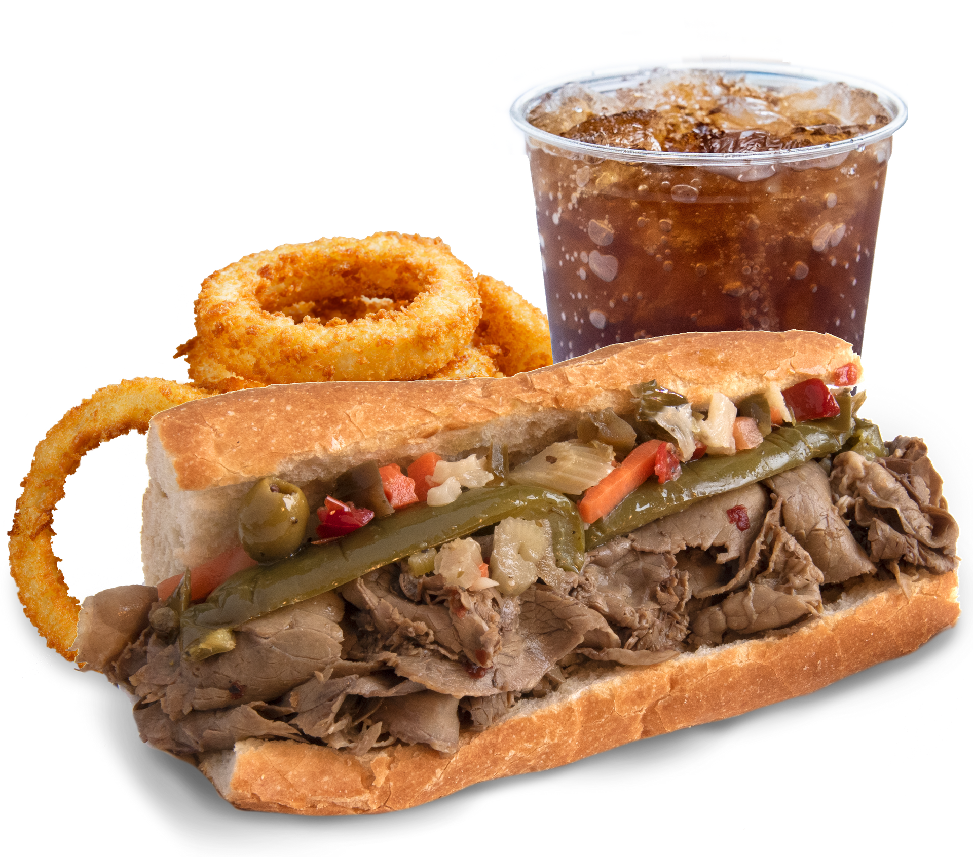 A sandwich with onion rings and a coke
