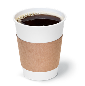A cup of coffee with a brown sleeve on it