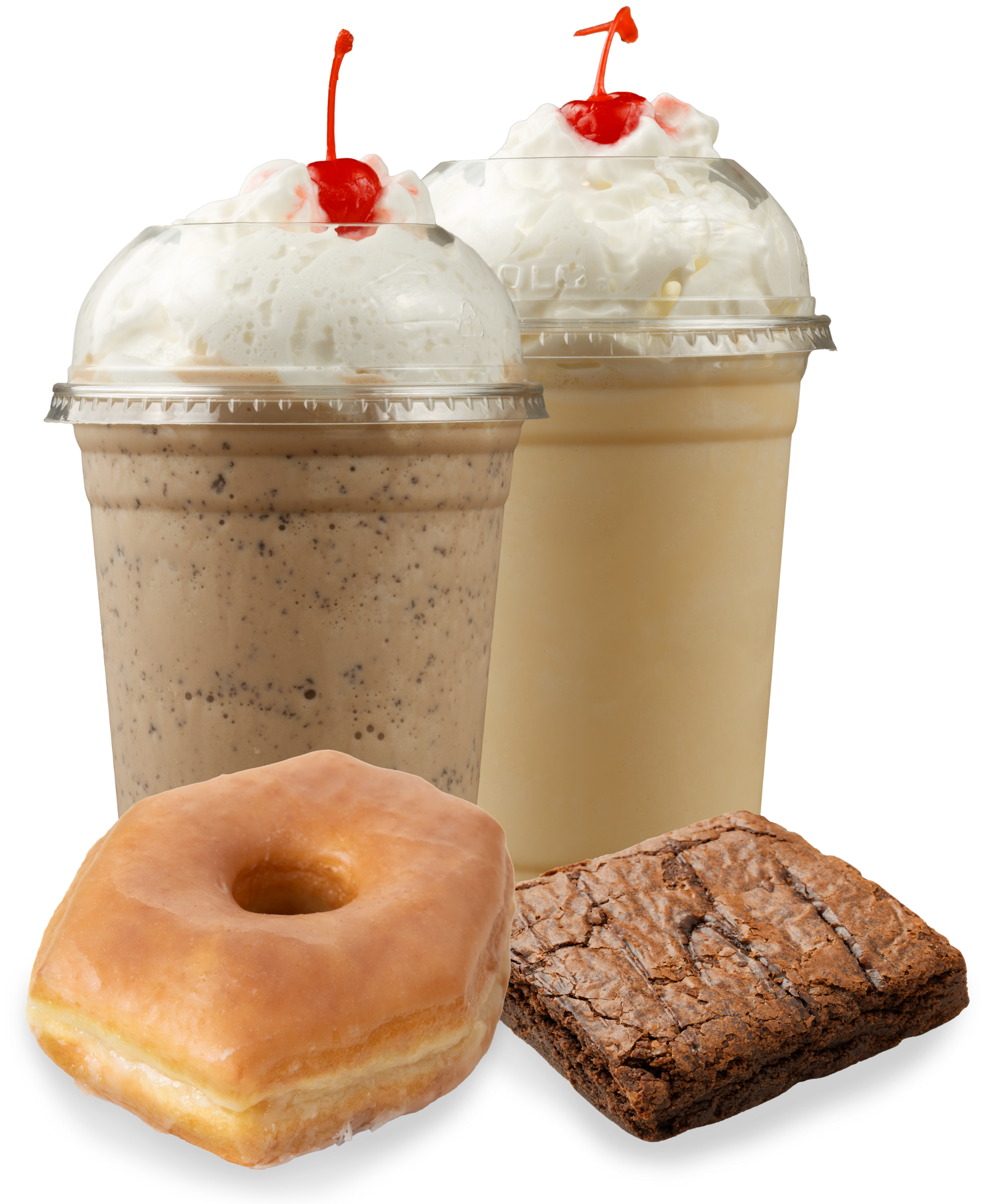 Two milkshakes a donut and a brownie with a cherry on top