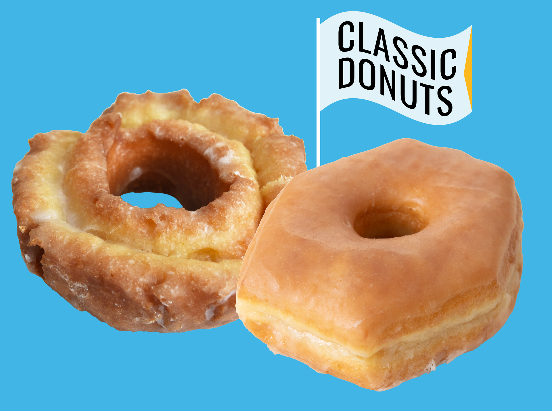 Two donuts with a flag that says classic donuts