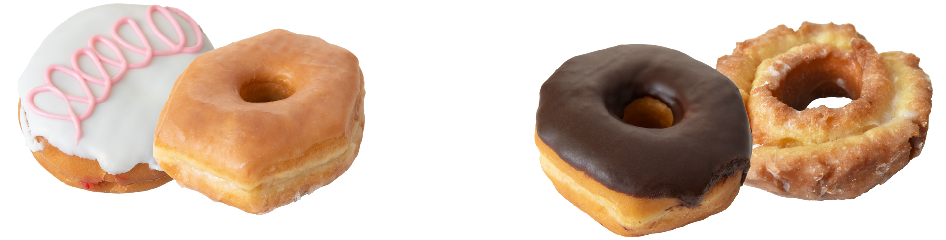 There are three different types of donuts on a white background.
