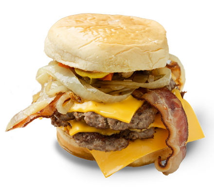 A double cheeseburger with bacon and onions on a bun