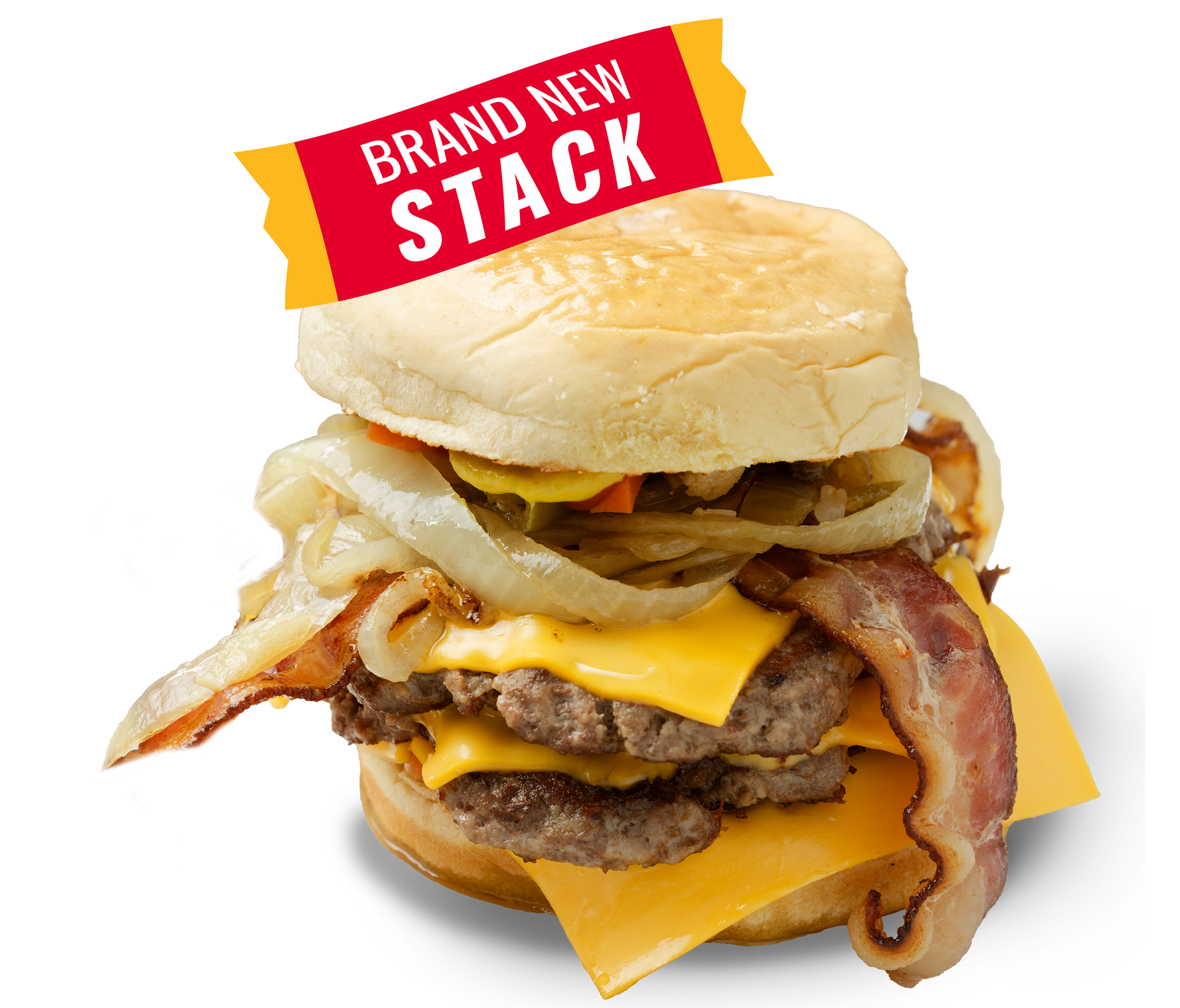 A hamburger with a brand new stack sticker on it