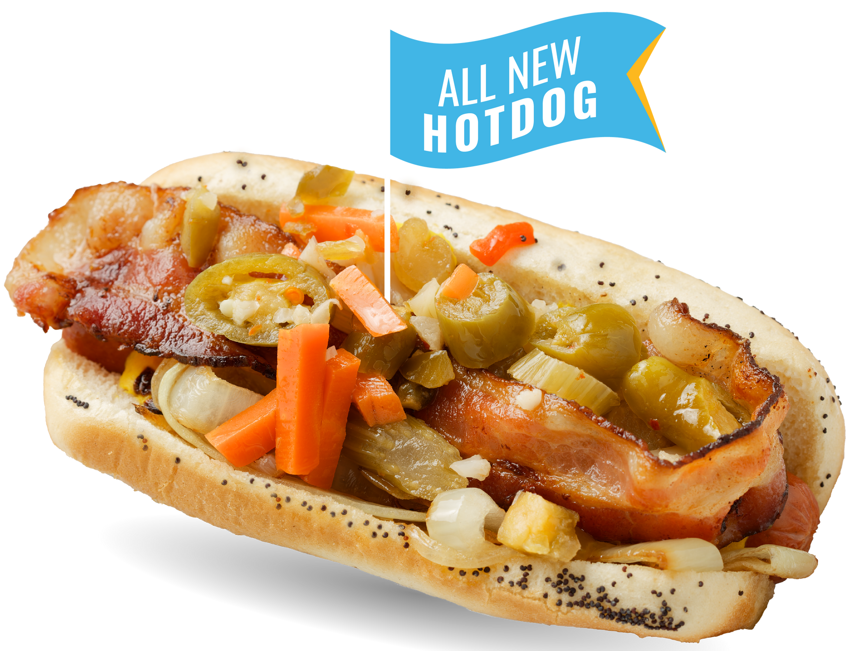 A hot dog with bacon carrots and jalapenos on a bun