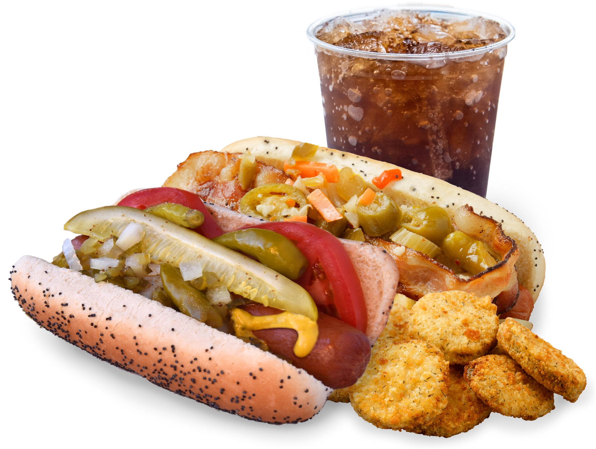 A hot dog with pickles on it next to a cup of soda