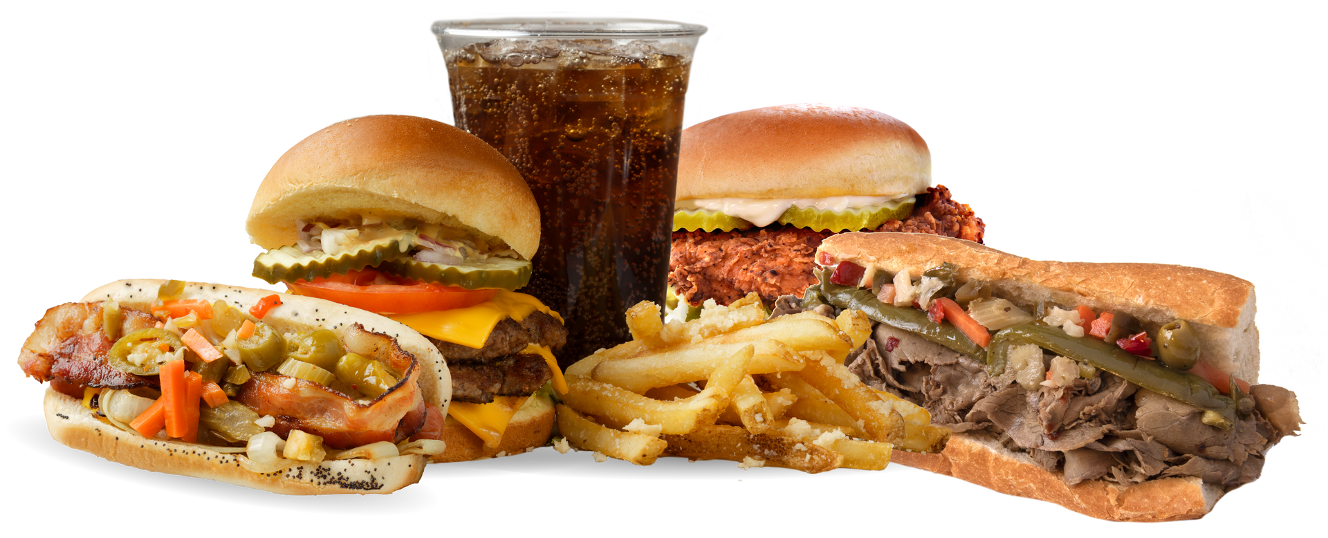 A variety of hamburgers , hot dogs , french fries and a drink on a white background.