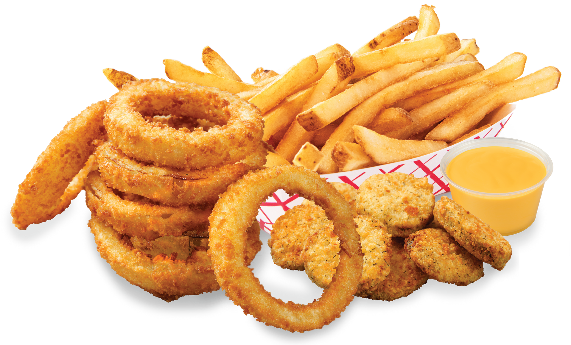 Onion rings french fries and chicken nuggets with a dipping sauce