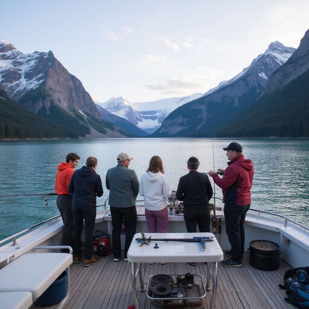 People fishing from a boat on a lake, surrounded by mountains.