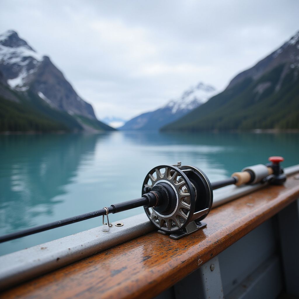 Fishing rod on a boat overlooking a lake surrounded by snow-capped mountains under a cloudy sky.