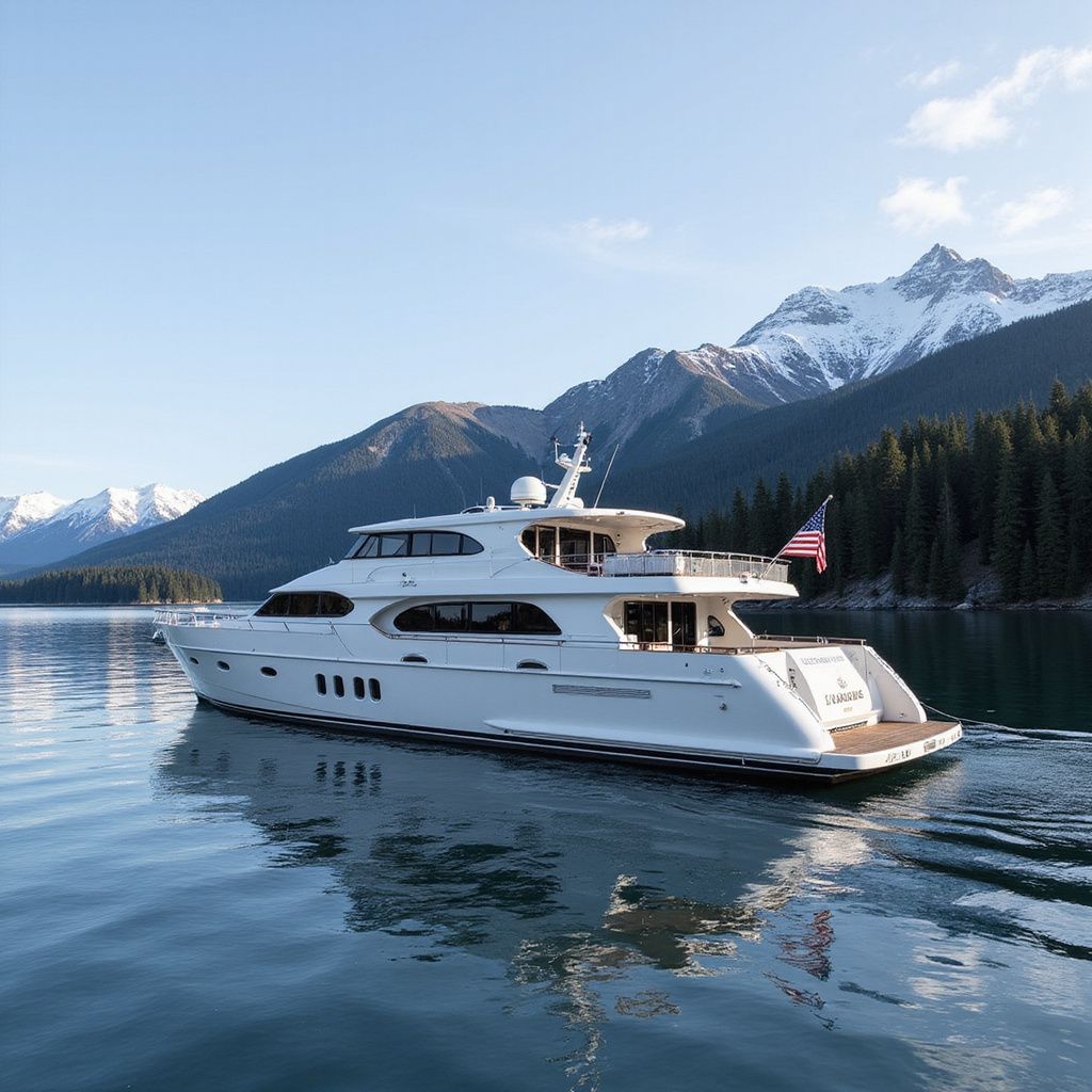 White yacht sailing on calm water, mountains in background, American flag.