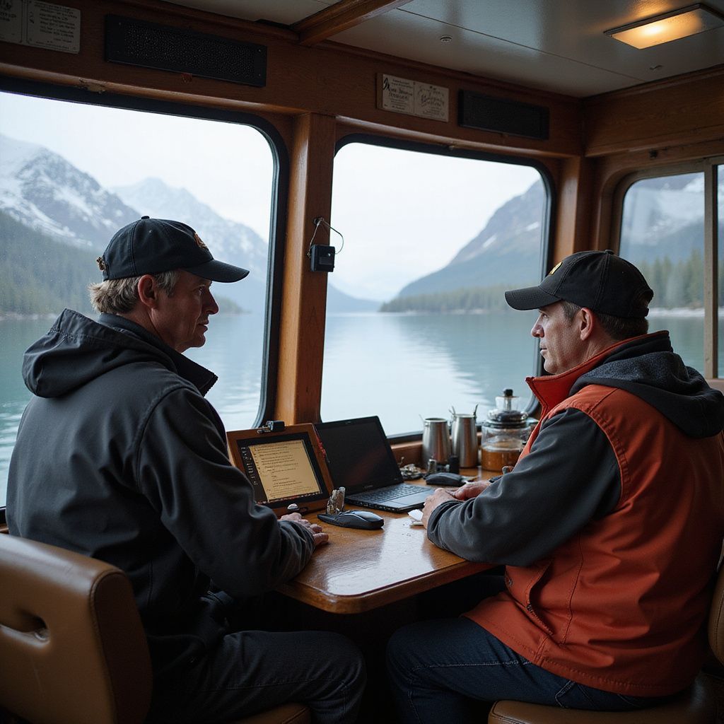 Two men in hats sit inside a boat, looking out at a lake and mountains.