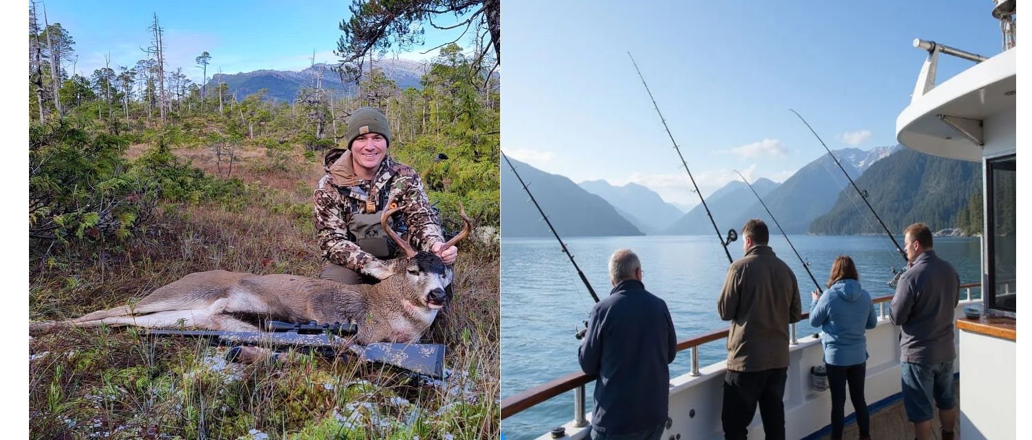 Four people fishing from a boat on a lake, surrounded by mountains.