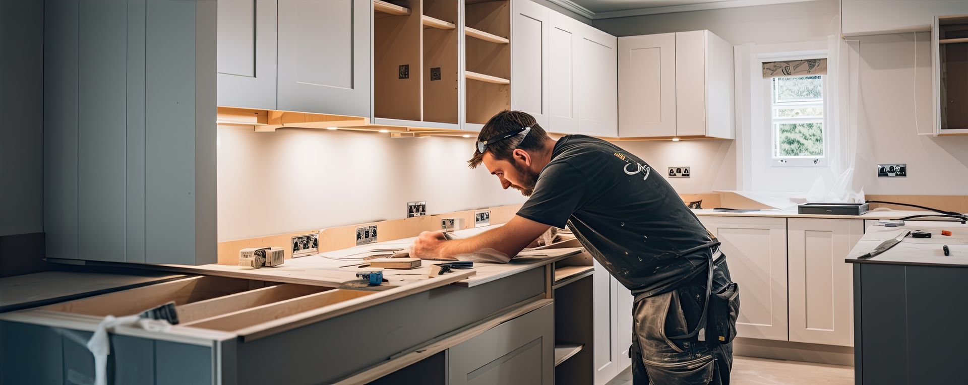 A man is working on a kitchen counter.