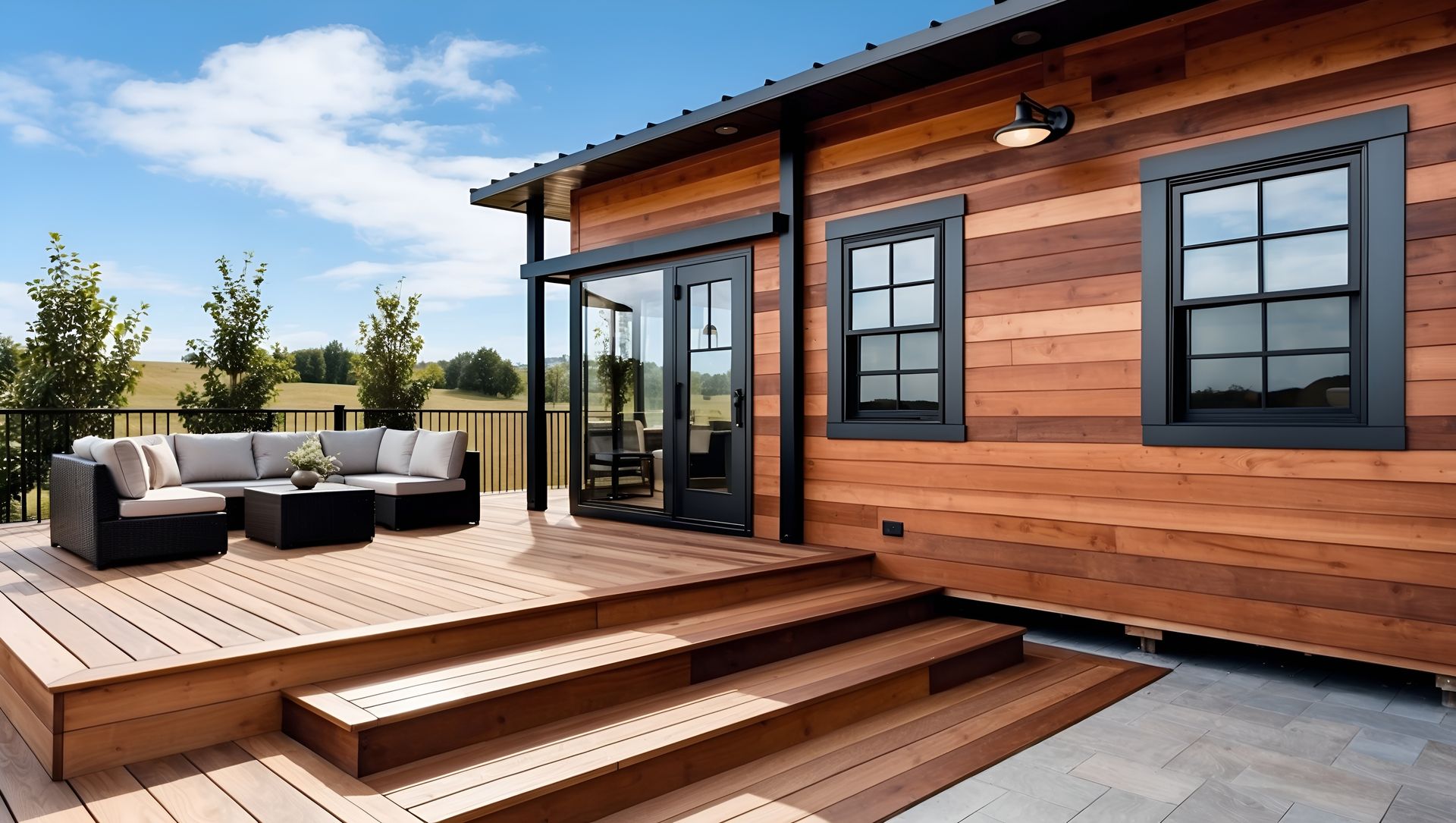A wooden house with a large deck and stairs leading up to it.
