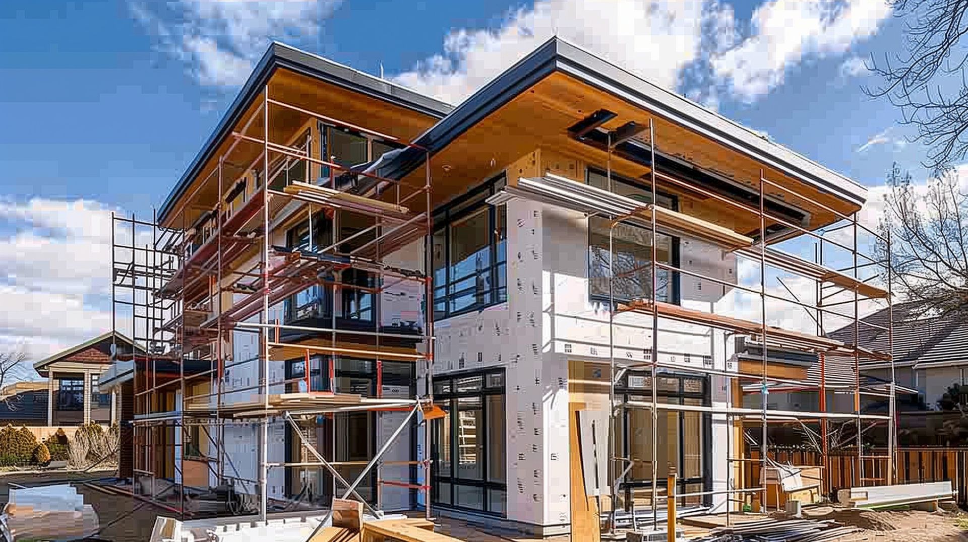 A large house is being built with scaffolding around it.