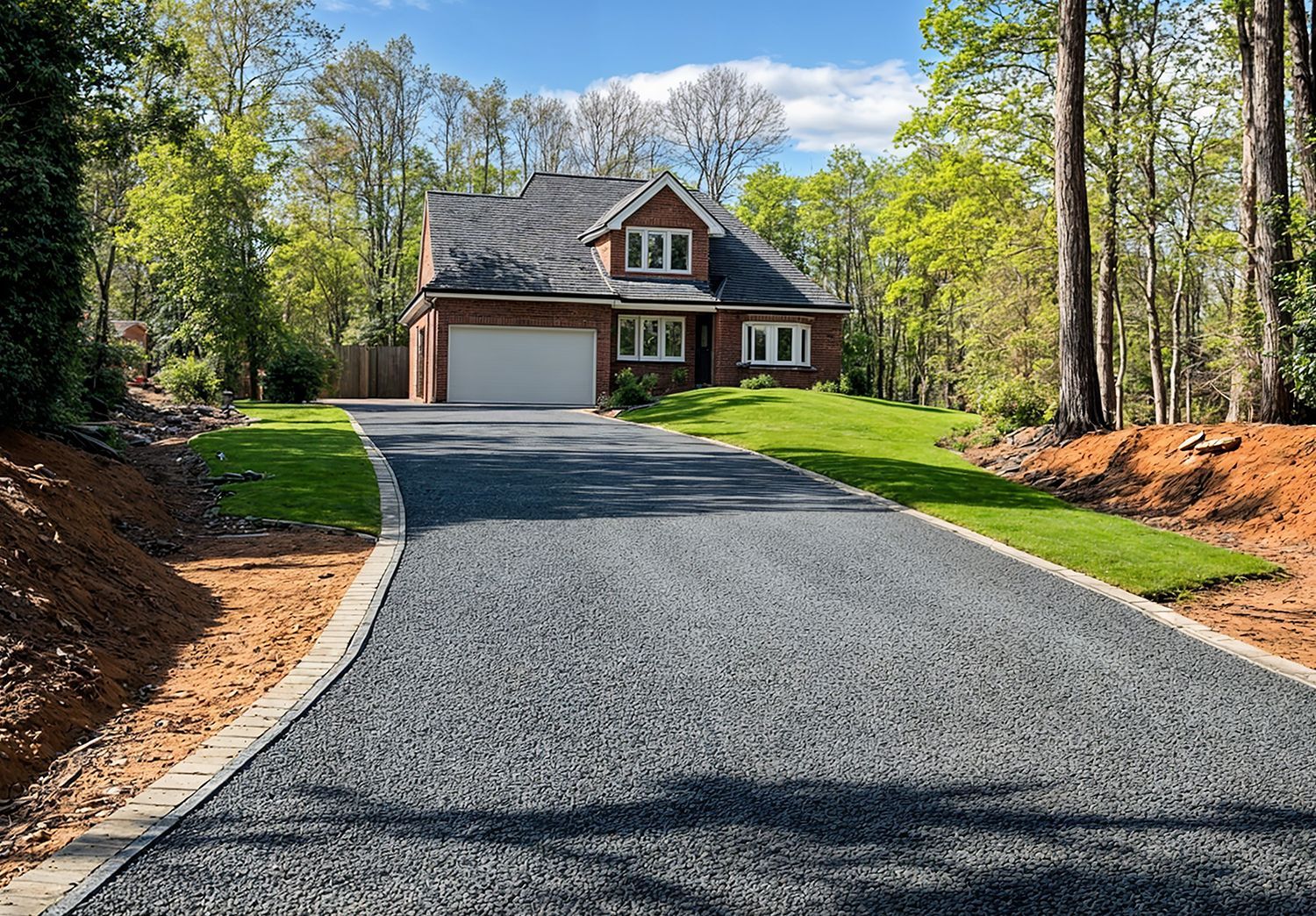 Freshly paved asphalt driveway leading to a brick house surrounded by trees.