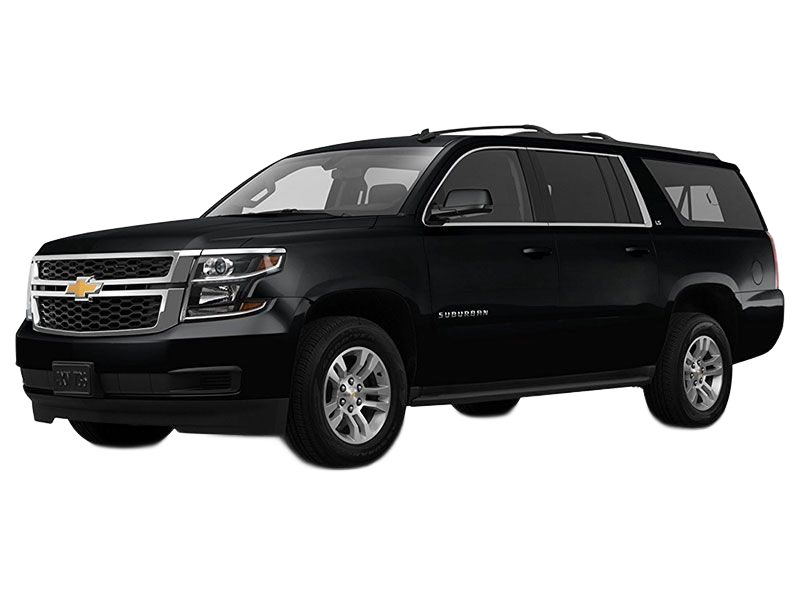 Black Chevrolet Suburban SUV shown from a front-quarter angle against a white background.