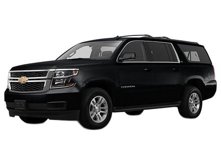 Black Chevrolet Suburban SUV shown from a front-quarter angle against a white background.
