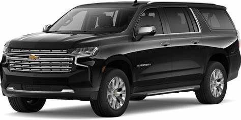 A black Chevrolet Suburban SUV viewed from the front three-quarter angle on a white background.