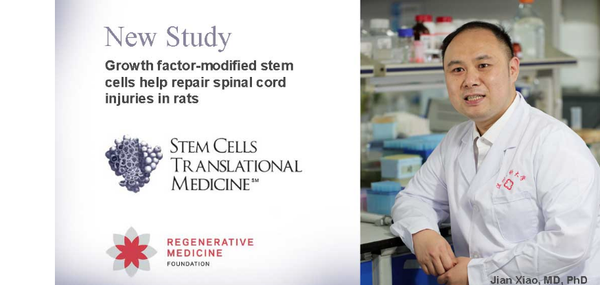 A man in a lab coat is sitting next to a poster for stem cells translational medicine.